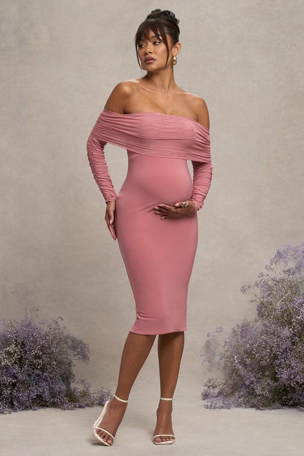Club L Patiently Waiting Blush Pink Maternity Ruched Mesh Bardot Midi Dress