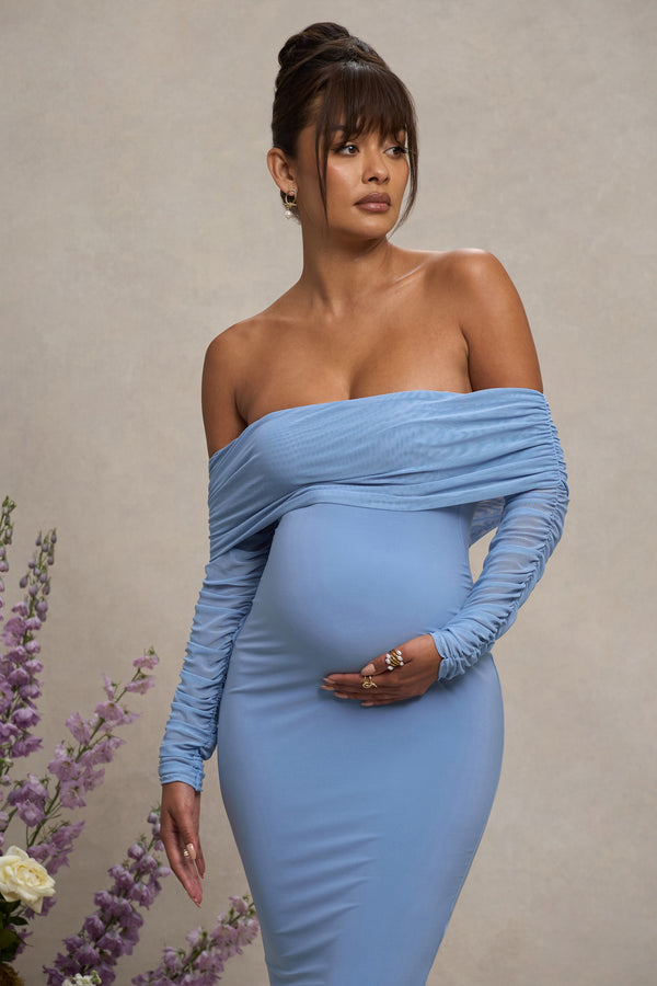 Club L Patiently Waiting Powder Blue Maternity Ruched Mesh Bardot Midi Dress