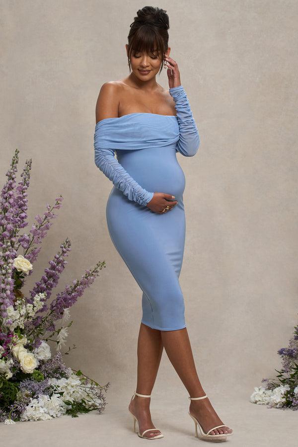 Club L Patiently Waiting Powder Blue Maternity Ruched Mesh Bardot Midi Dress