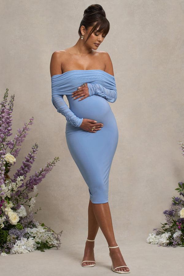 club l Patiently Waiting Powder Blue Maternity Ruched Mesh Bardot Midi Dress