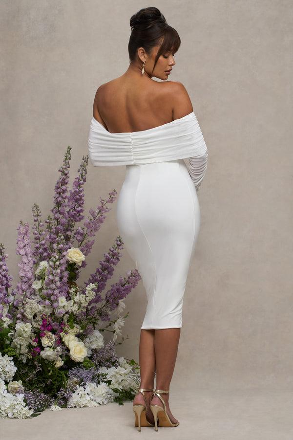 Club L Patiently Waiting White Maternity Ruched Mesh Bardot Midi Dress