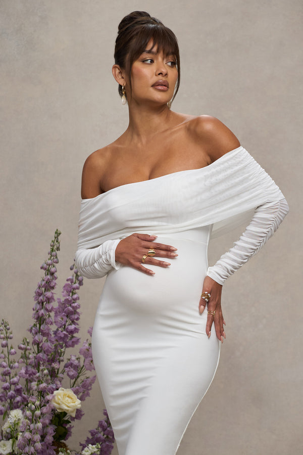 Club L Patiently Waiting White Maternity Ruched Mesh Bardot Midi Dress