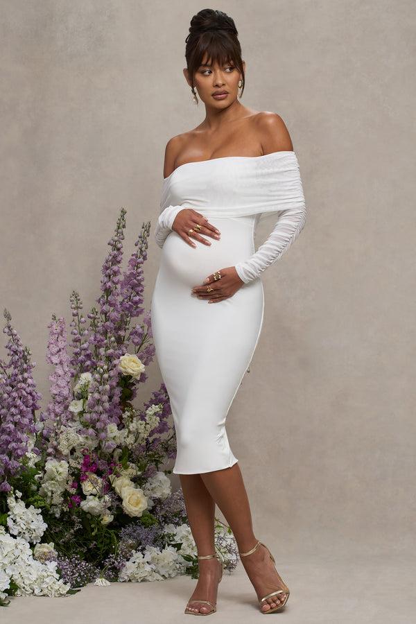 Club L Patiently Waiting White Maternity Ruched Mesh Bardot Midi Dress
