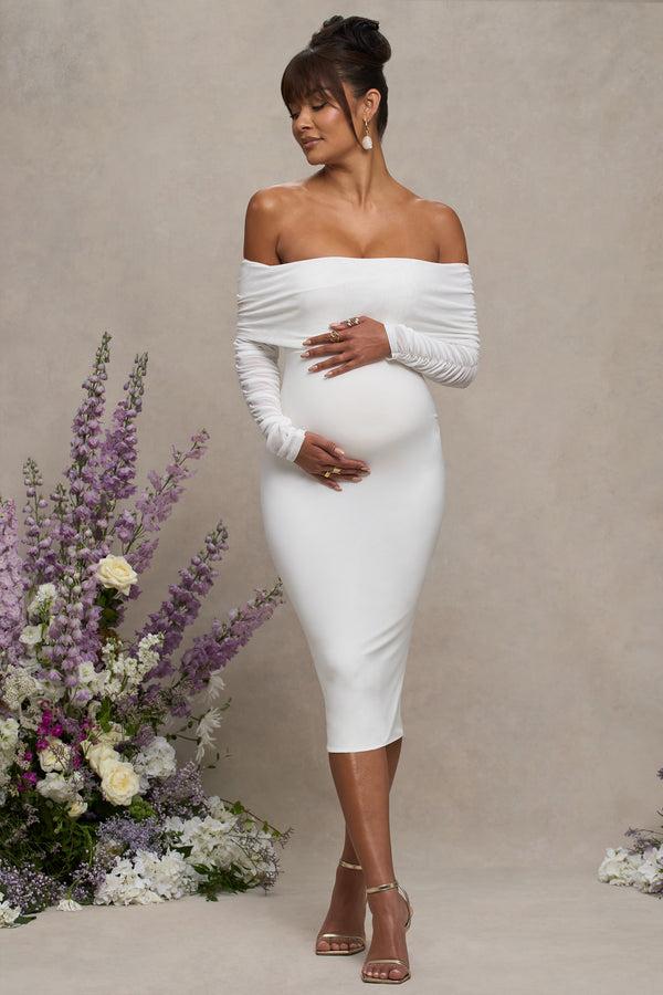 club l Patiently Waiting White Maternity Ruched Mesh Bardot Midi Dress