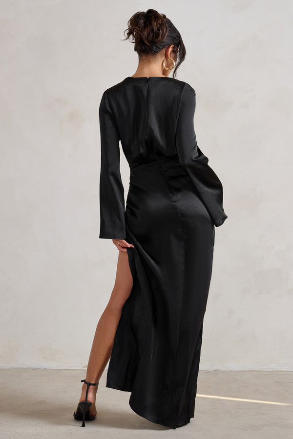 Club L Patricia Black Extreme Plunge Long Sleeve Maxi Dress With Tie Detail