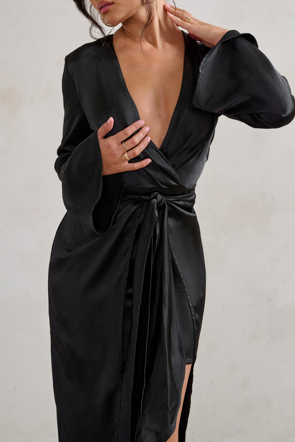 Club L Patricia Black Extreme Plunge Long Sleeve Maxi Dress With Tie Detail
