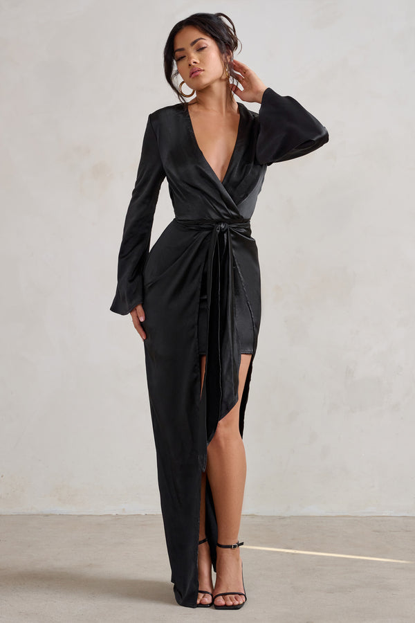 club l Patricia Black Extreme Plunge Long Sleeve Maxi Dress With Tie Detail
