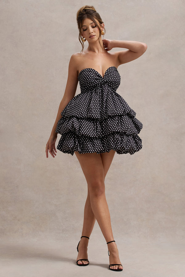 Club L Pepper Black Polka Dot Strapless Ruffled Mini Dress