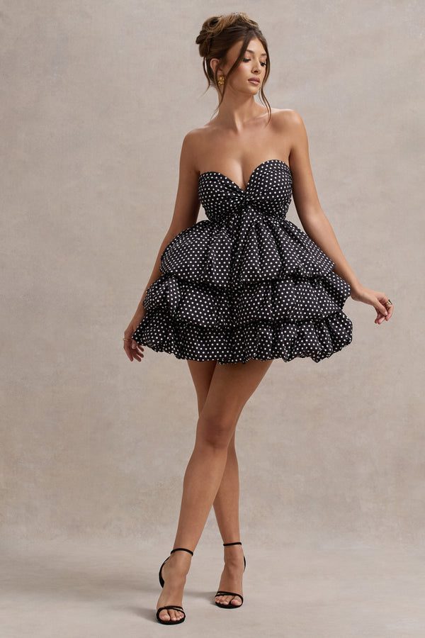 club l Pepper Black Polka Dot Strapless Ruffled Mini Dress