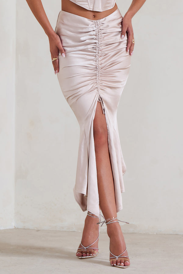 Club L Per Favore Champagne Satin Ruched Split Maxi Skirt