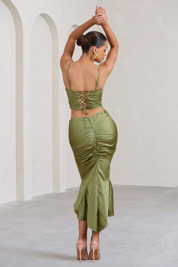 Club L Per Favore Olive Satin Ruched Split Maxi Skirt