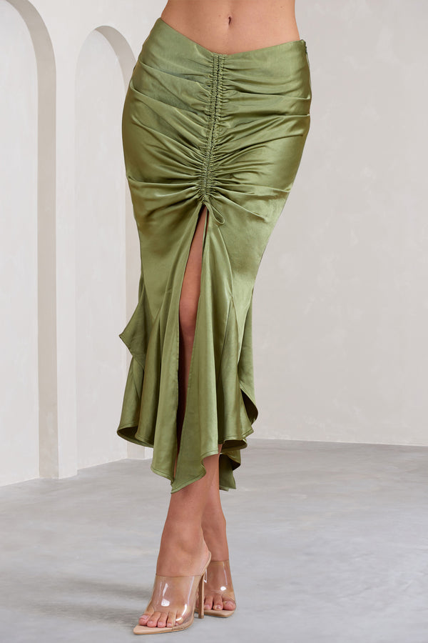 Club L Per Favore Olive Satin Ruched Split Maxi Skirt