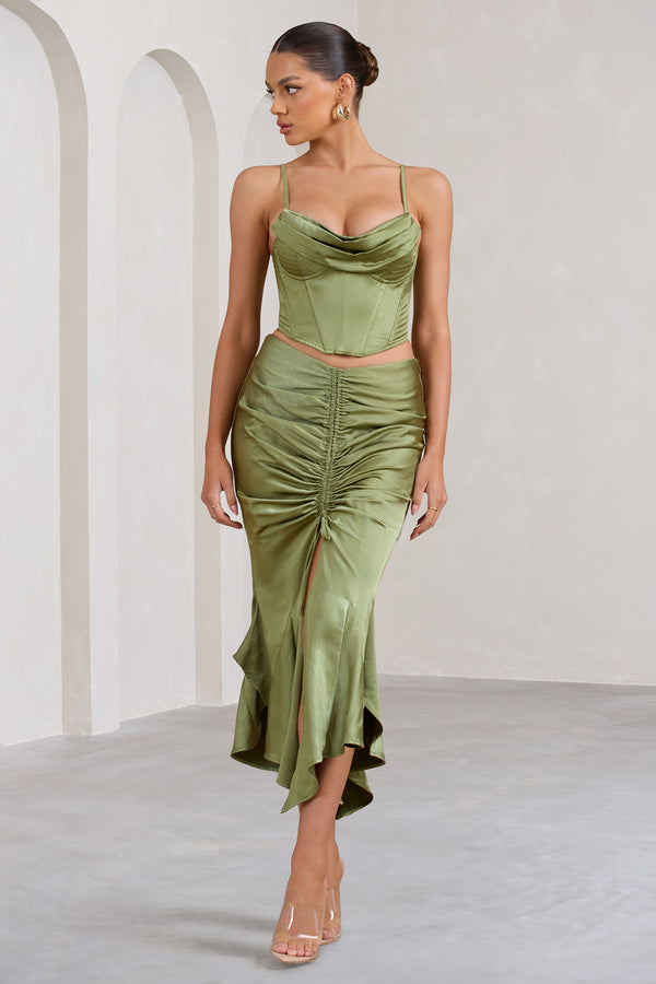Club L Per Favore Olive Satin Ruched Split Maxi Skirt