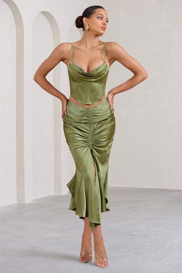 club l Per Favore Olive Satin Ruched Split Maxi Skirt