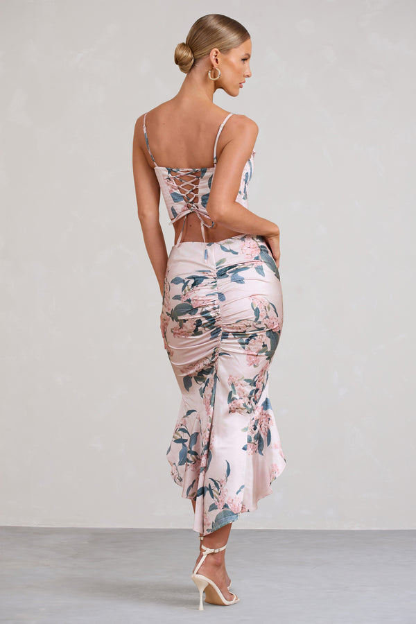 Club L Per Favore Pink Satin Ruched Split Maxi Skirt