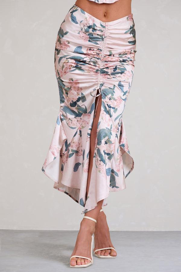 Club L Per Favore Pink Satin Ruched Split Maxi Skirt