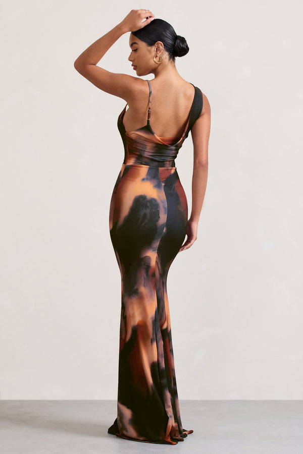 Club L Phantasy Orange Smoke Print Asymmetric Neckline Cowl Maxi Dress