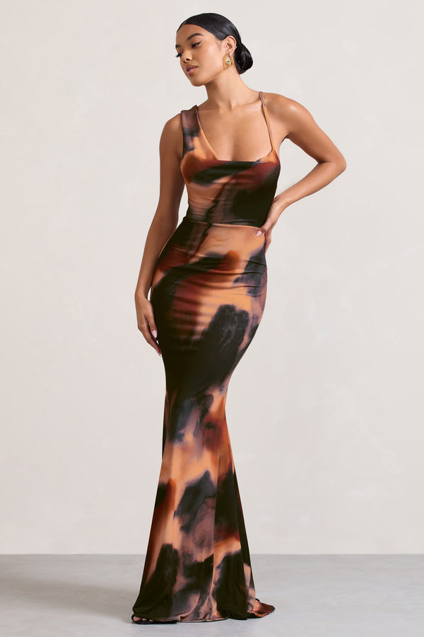 Club L Phantasy Orange Smoke Print Asymmetric Neckline Cowl Maxi Dress