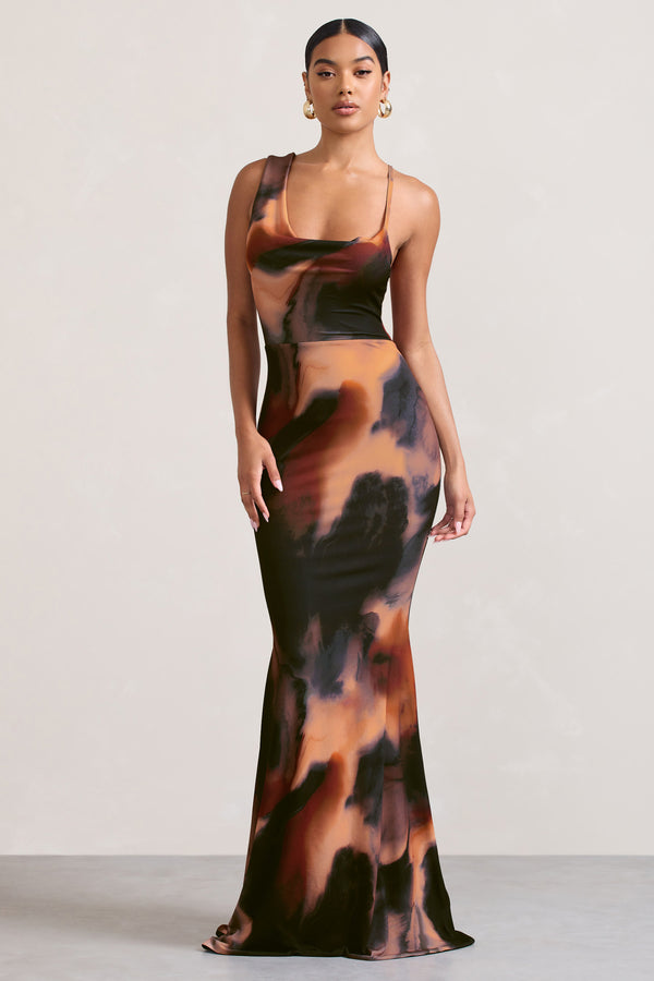 club l Phantasy Orange Smoke Print Asymmetric Neckline Cowl Maxi Dress