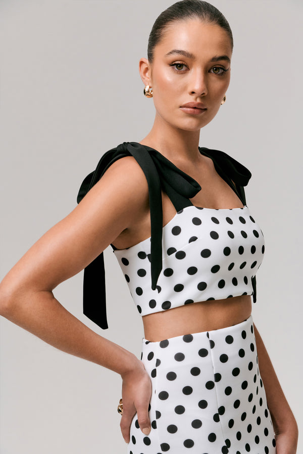 Club L Phoebe Black & White Polka Dot Crop Top With Tie Straps Tie