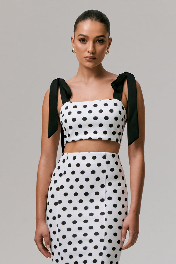 club l Phoebe Black & White Polka Dot Crop Top With Tie Straps Tie
