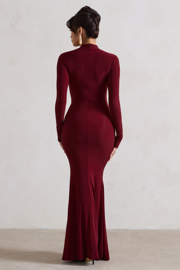 Club L Pietra Berry High-Neck Long Sleeve Knot Maxi Dress