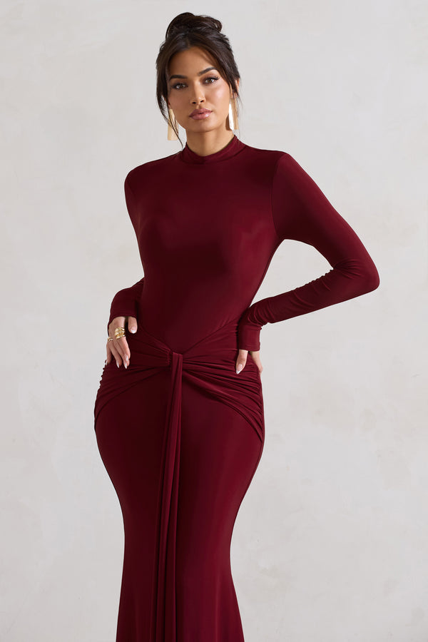 Club L Pietra Berry High-Neck Long Sleeve Knot Maxi Dress