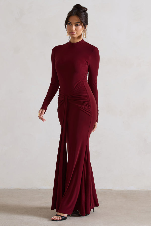 Club L Pietra Berry High-Neck Long Sleeve Knot Maxi Dress