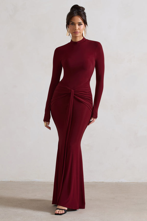 club l Pietra Berry High-Neck Long Sleeve Knot Maxi Dress
