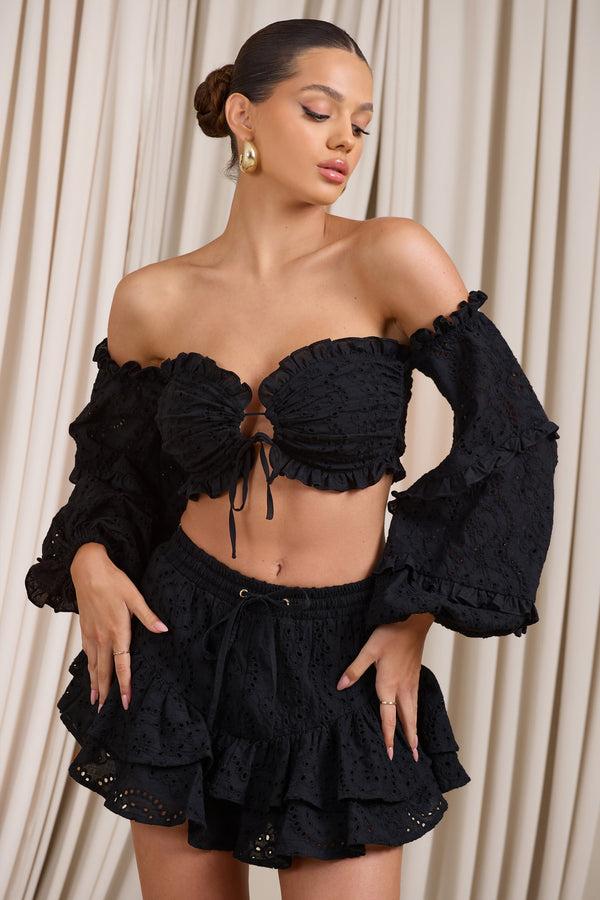 Club L Postcard Black Lace Bardot Puff-Sleeved Crop Top