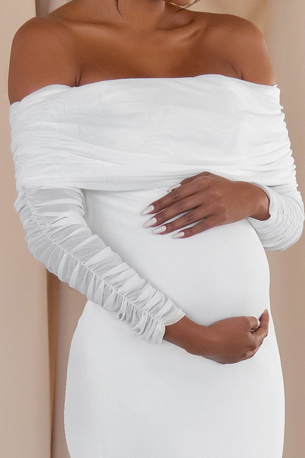 Club L Pretty Perfect White Maternity Ruched Mesh Bardot Maxi Dress