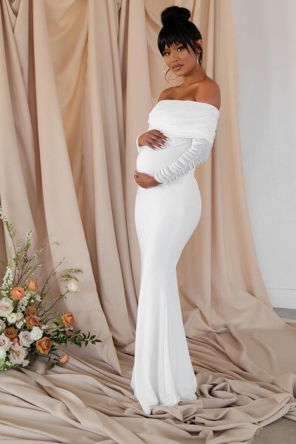 Club L Pretty Perfect White Maternity Ruched Mesh Bardot Maxi Dress