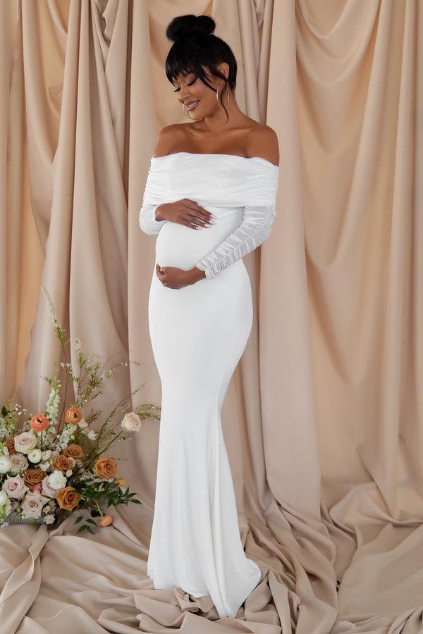 club l Pretty Perfect White Maternity Ruched Mesh Bardot Maxi Dress