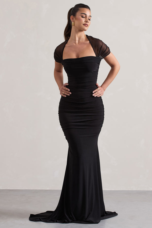 Club L Prophecy Black Fishtail Maxi Dress With Sheer Sleeves