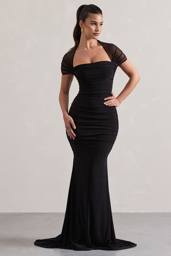 club l Prophecy Black Fishtail Maxi Dress With Sheer Sleeves