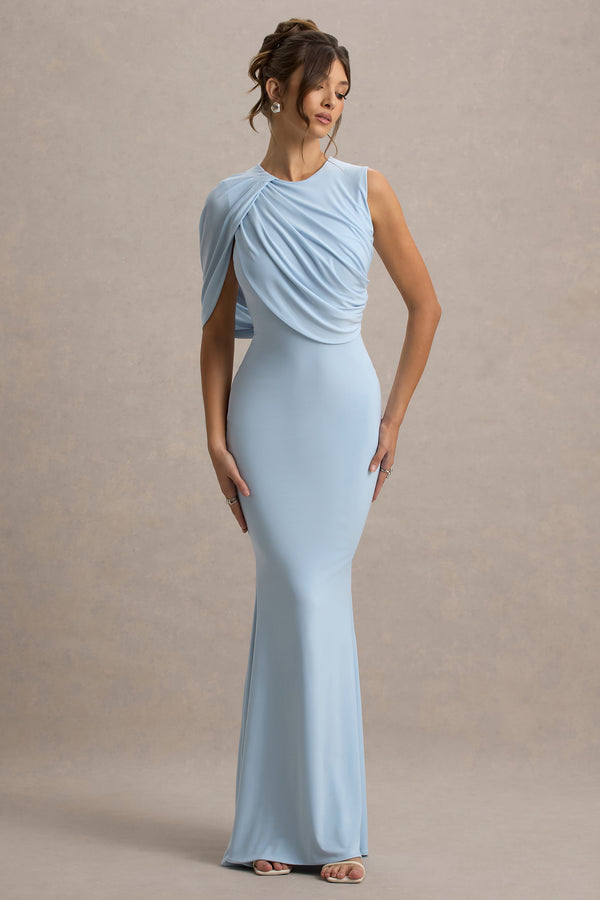 club l Rae Powder Blue Maxi Dress With One-Sleeve Cape