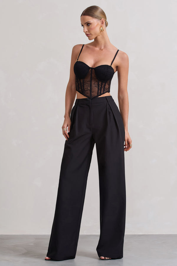 Club L Raina Black High Waist Pleated Wide-Leg Trousers