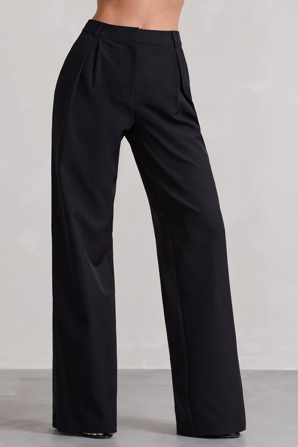 Club L Raina Black High Waist Pleated Wide-Leg Trousers