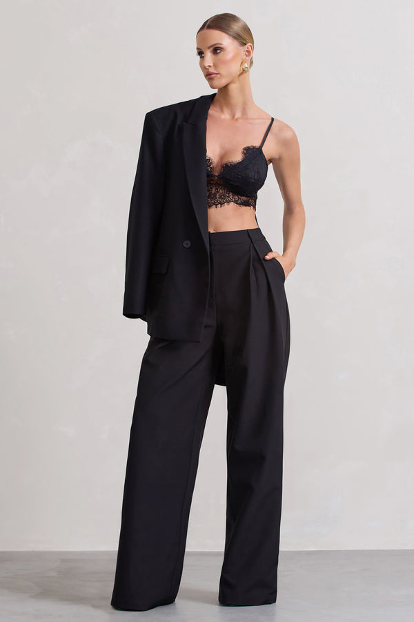 club l Raina Black High Waist Pleated Wide-Leg Trousers