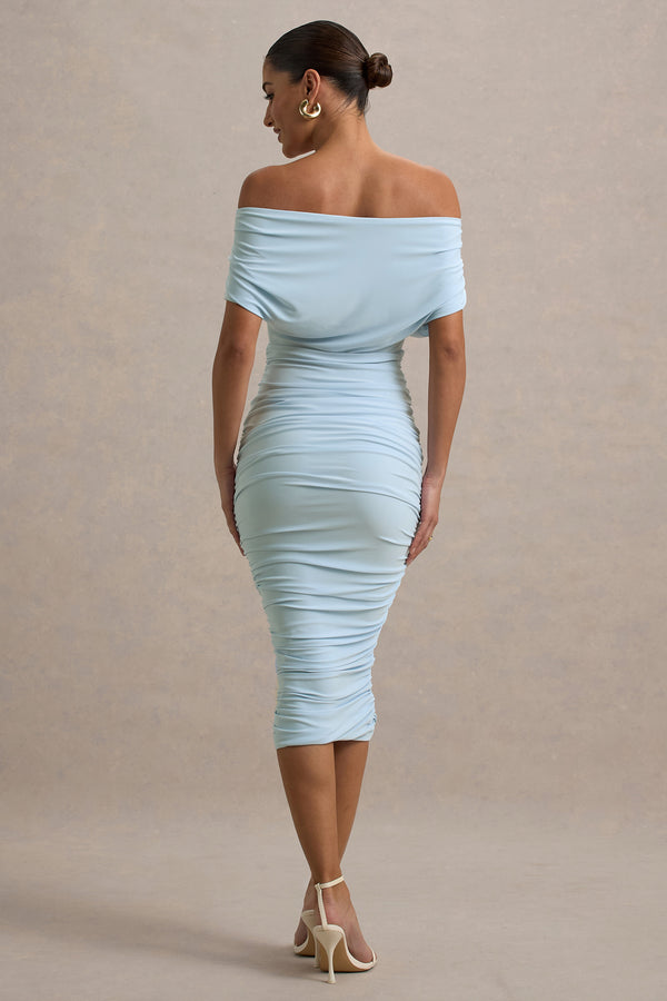 Club L Rayleigh Powder Blue Bardot Ruched Midi Dress