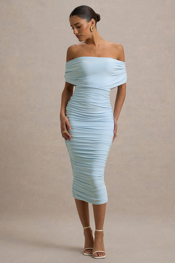 Club L Rayleigh Powder Blue Bardot Ruched Midi Dress