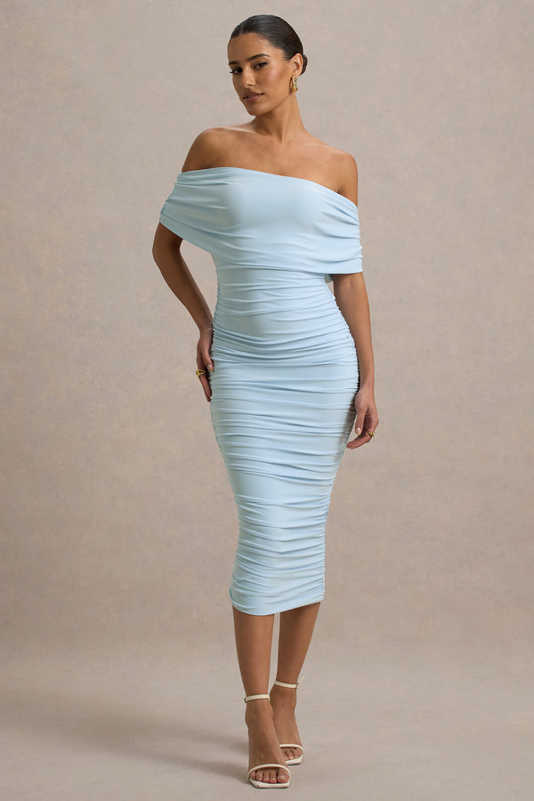 club l Rayleigh Powder Blue Bardot Ruched Midi Dress