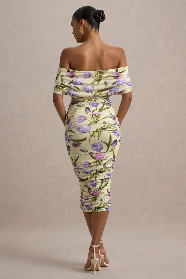 Club L Rayleigh Tulip Floral Print Bardot Ruched Midi Dress