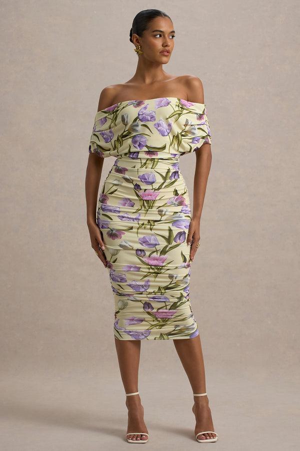 Club L Rayleigh Tulip Floral Print Bardot Ruched Midi Dress