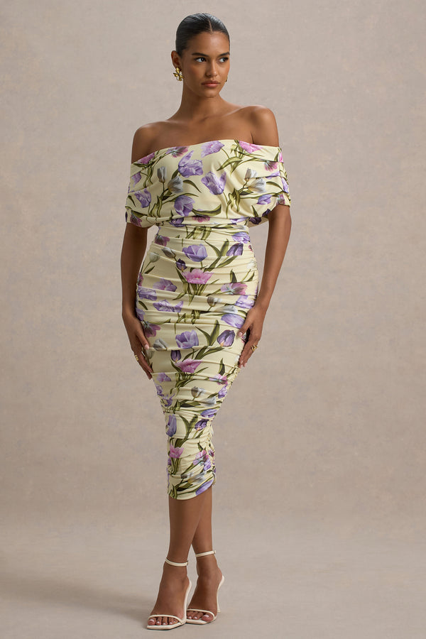 club l Rayleigh Tulip Floral Print Bardot Ruched Midi Dress