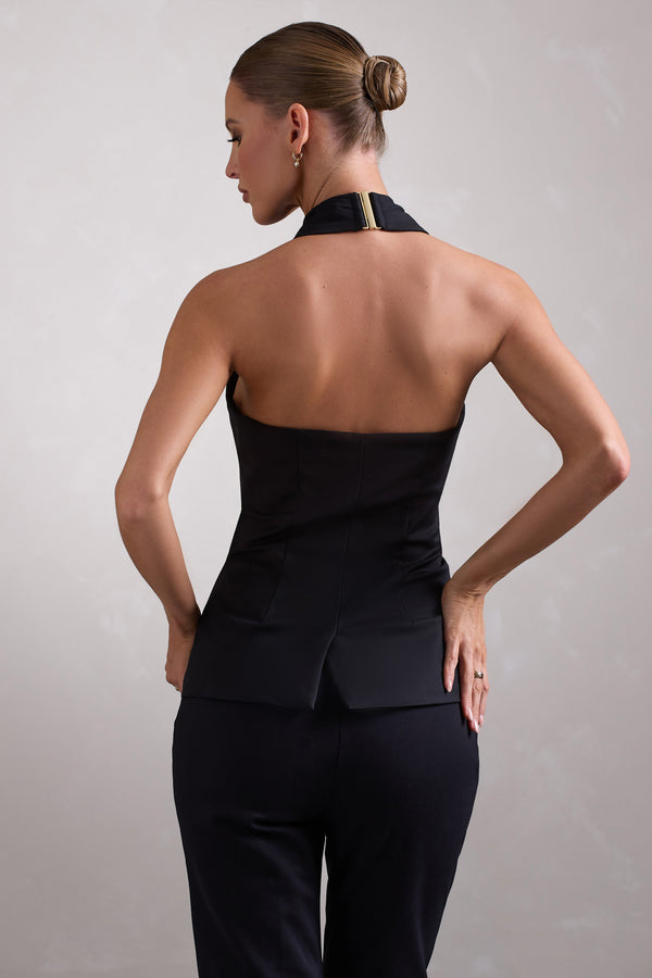 Club L Remi Black Cross Halter Neck Tailored Sleeveless Blazer Top