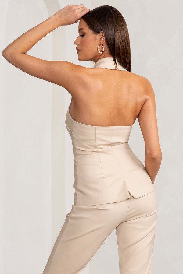 Club L Remi Stone Cross Halter Neck Tailored Sleeveless Blazer Top