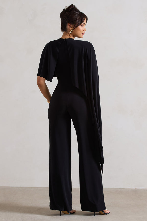 Club L Reserve Black Wide-Leg Jumpsuit With Asymmetric Cape