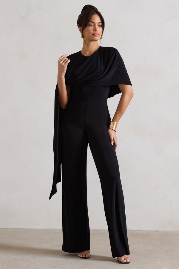 Club L Reserve Black Wide-Leg Jumpsuit With Asymmetric Cape