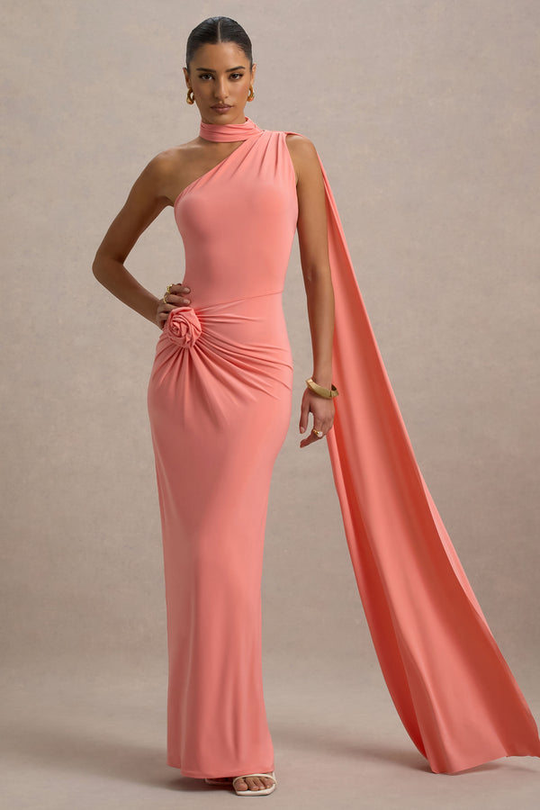 club l Rita Coral Asymmetric Wrap Maxi Dress With Scarf